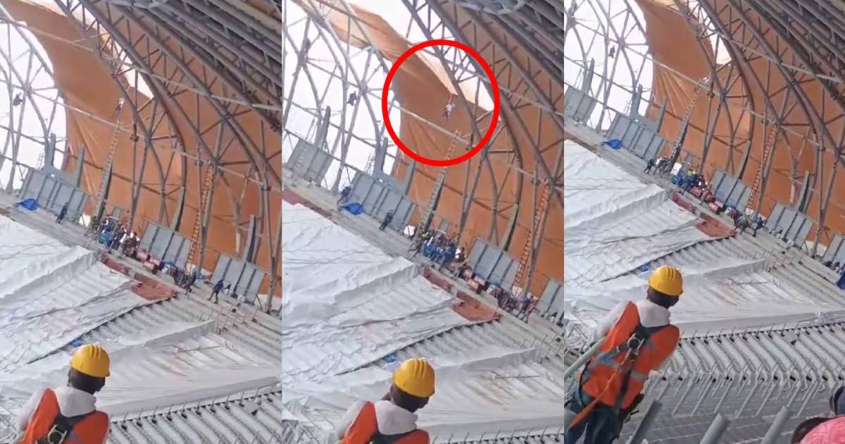 trabajador queda colgando en obras